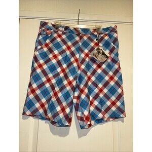 NWT Royal & Awesome Golf Shorts Mens 38 Blue Red Plaid Tartan Chino Flat Front